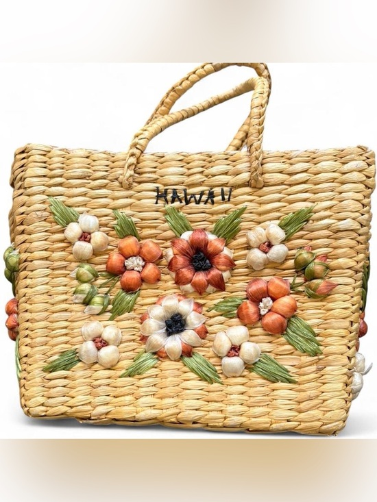 Handbags - Hawaii Straw Tote Bag with Orange & Cream Floral Embroidery